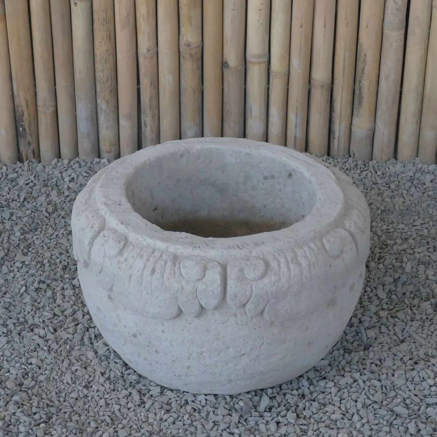  Product image 1 of the product “Balinese style flat round pot, with carving - 60 cm Dia., 35cm Height, Taro sand ”